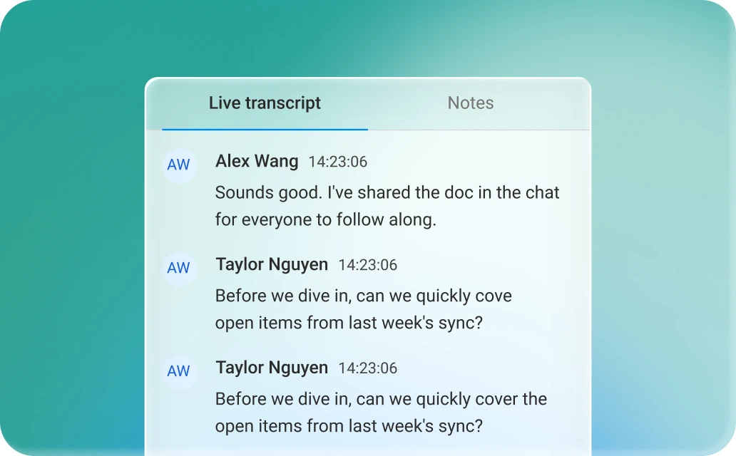 Live transcript panel showing a Google Meet conversation labelled by speaker