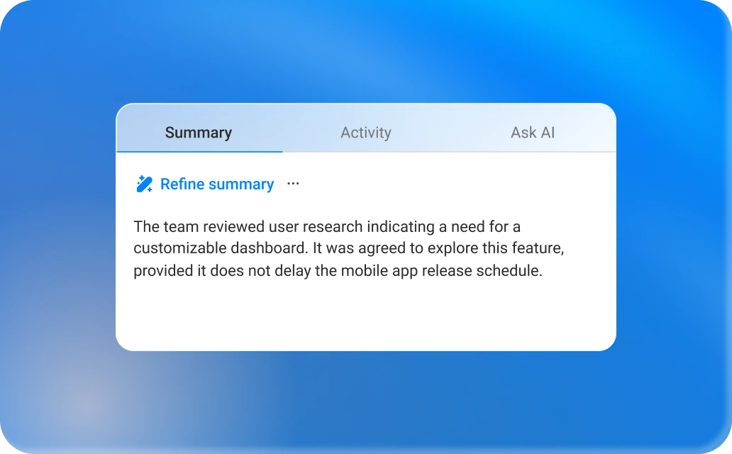 AI-generated meeting summary listing highlights, decisions and action items