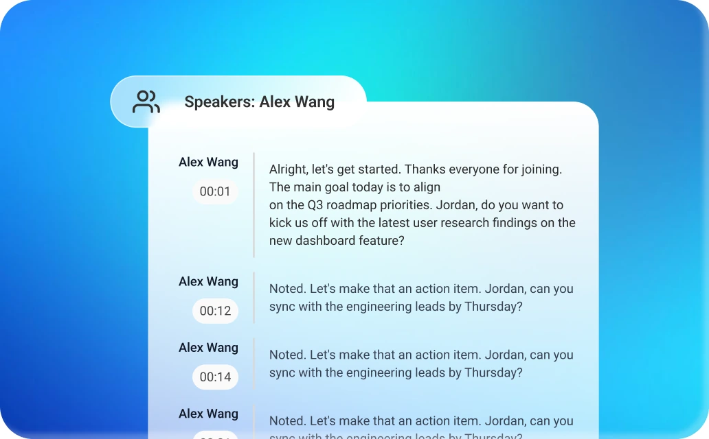 Transcript filtered by participant to review what one person said in the meeting