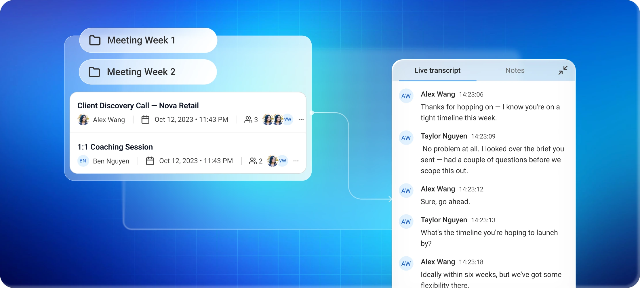 MeetScript organising a professional's meetings into folders with a searchable transcript