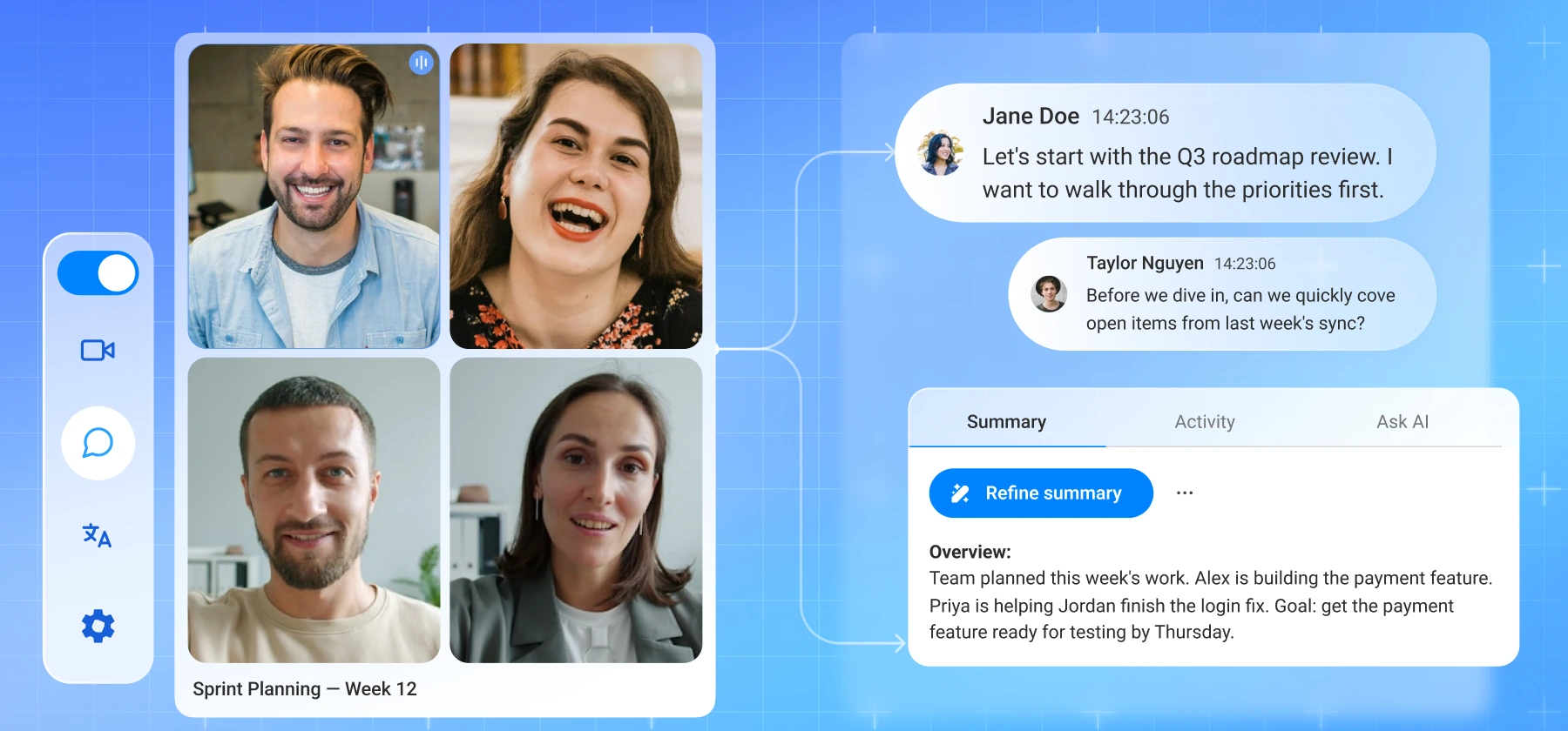 MeetScript running beside a Google Meet call, showing the live transcript and an AI-generated meeting summary