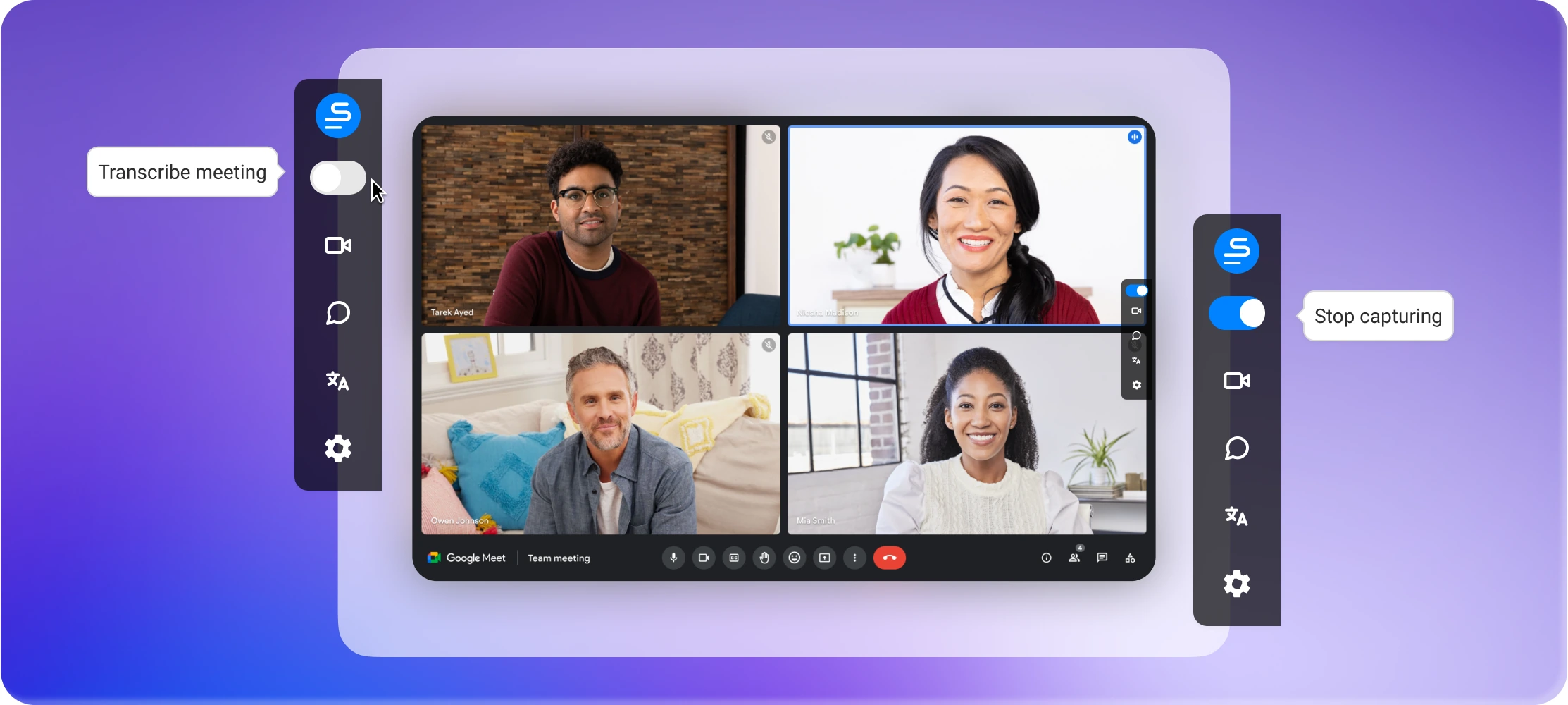 A Google Meet call with the MeetScript sidebar open and no extra participant in the call