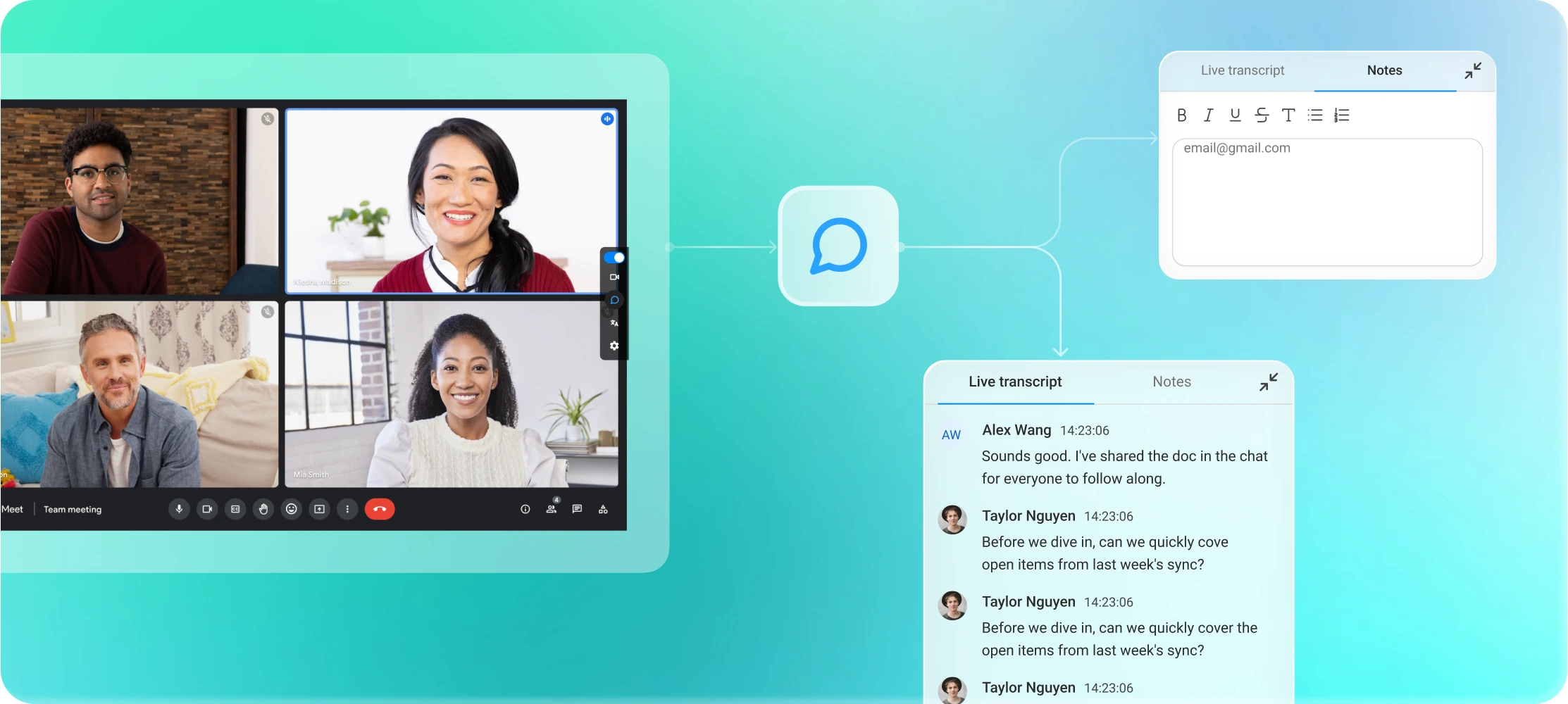 Live transcript scrolling next to a Google Meet call, with each line labelled by speaker