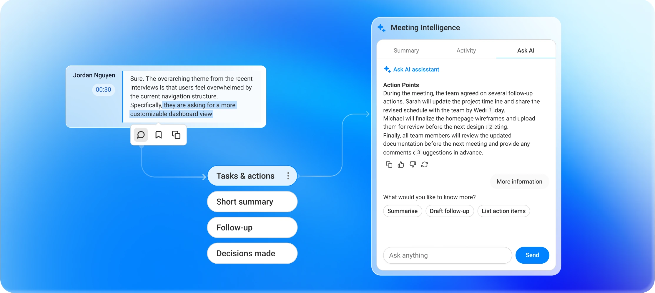 Searching a past meeting transcript and asking MeetScript's AI a question about it