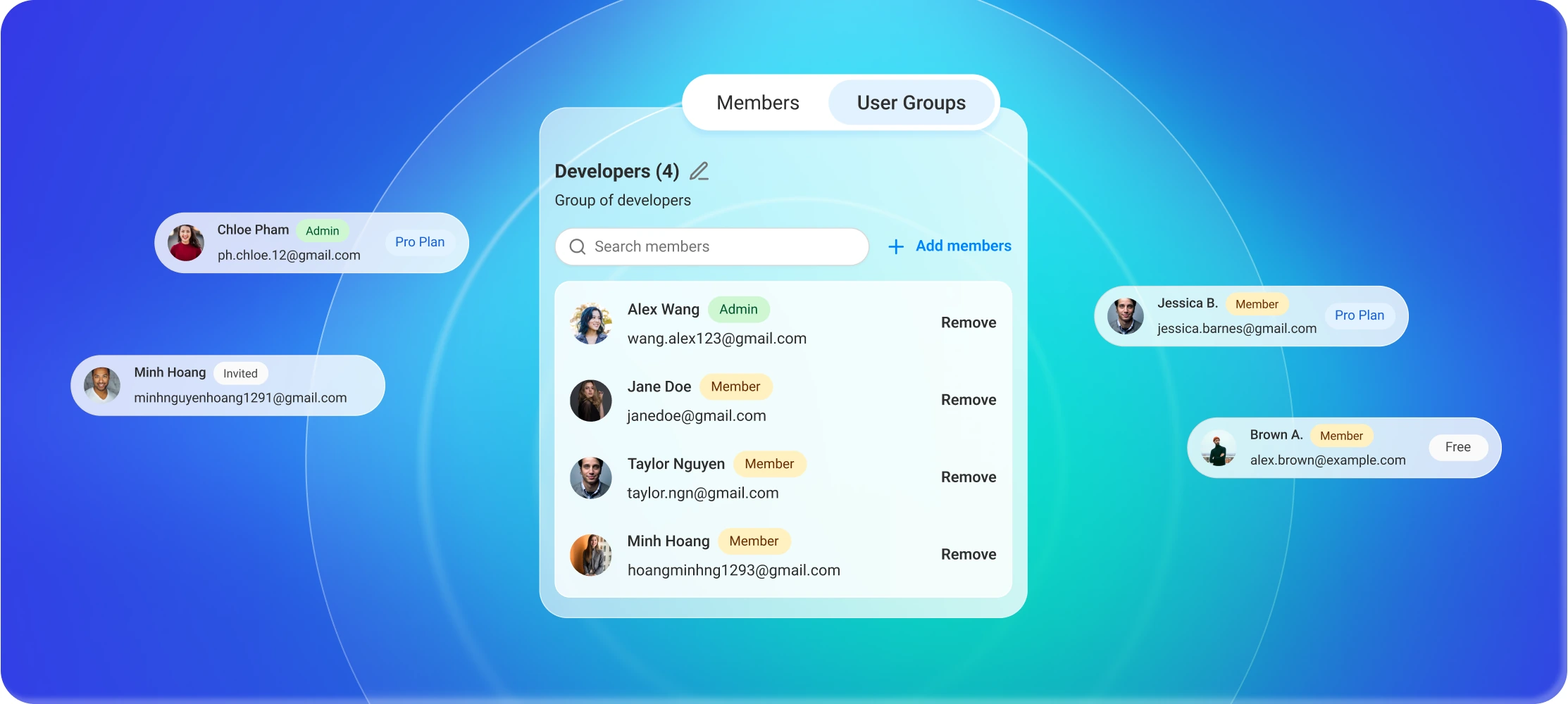 Workspace team view showing members, assigned seats and access by department
