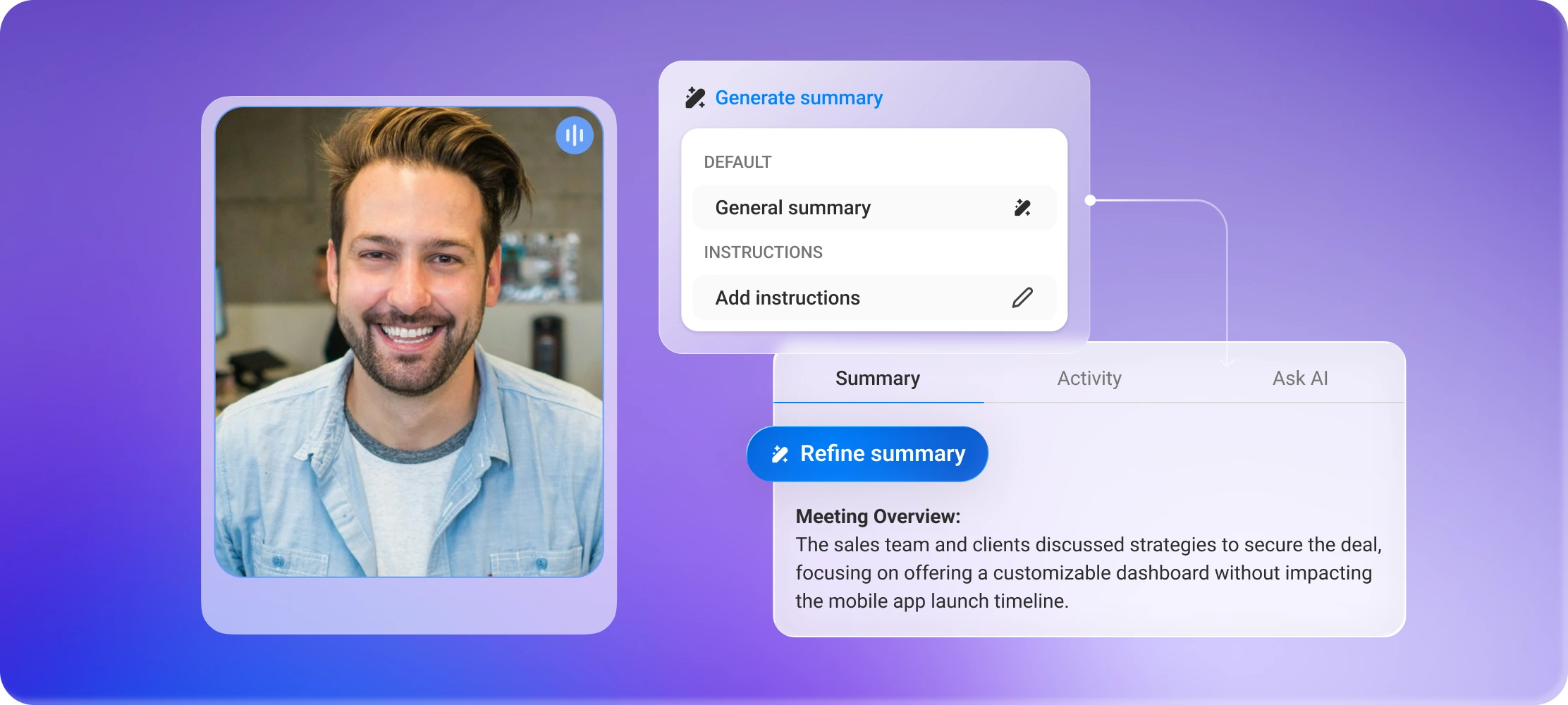 A sales call summarised by MeetScript into customer needs, requirements and follow-ups