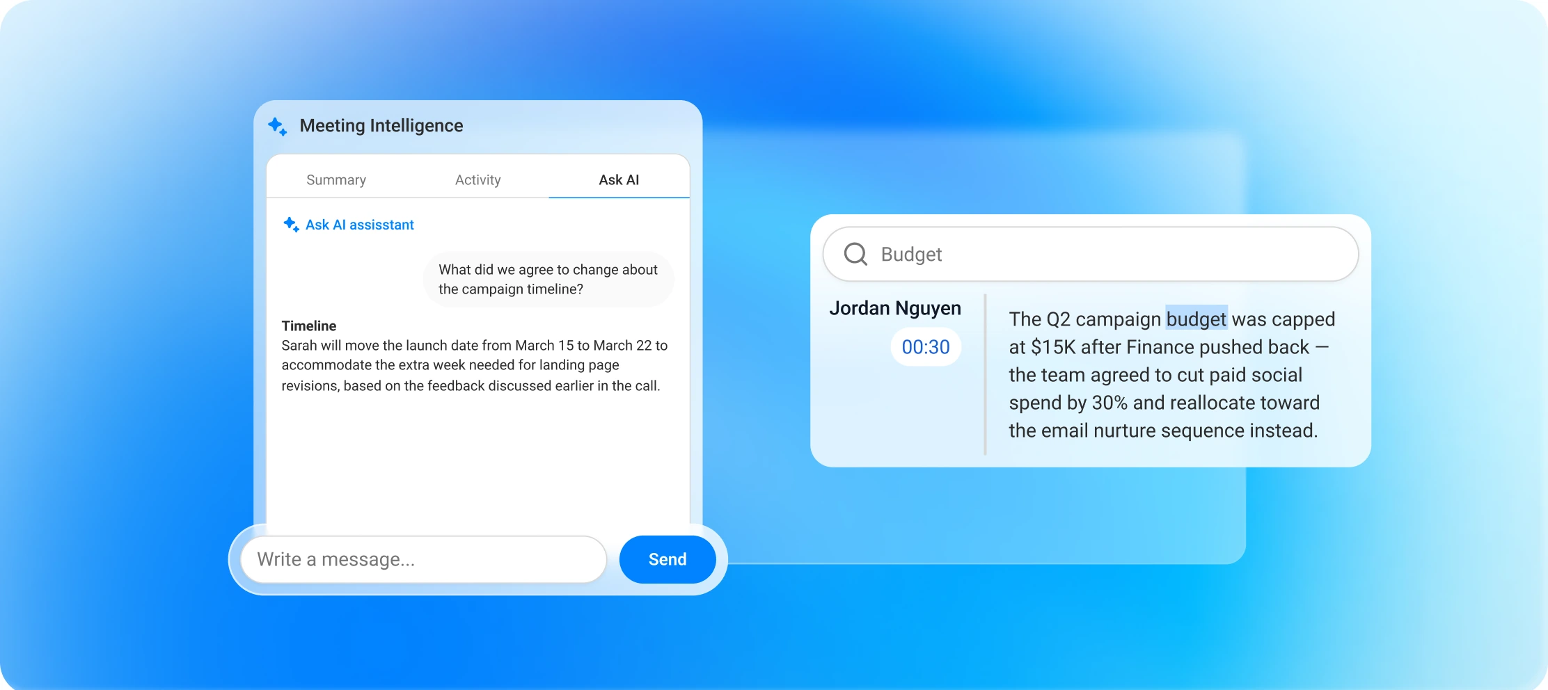 Marketing team using MeetScript's AI assistant to pull decisions out of a campaign meeting